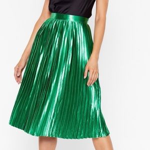 Emerald Green Metallic Pleated Midi Skirt